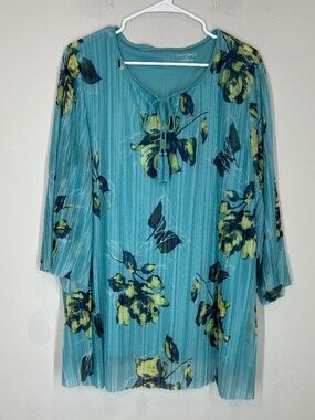 Catherines Blouse Women's Plus Size 1X Teal Floral Pleated Crinkle Top Lined